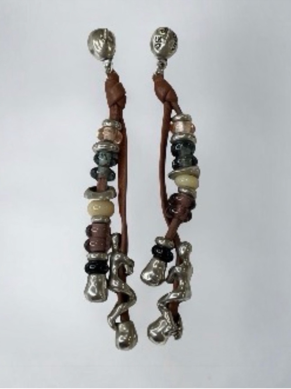 Uno de 50 Beaded Leather Dangle Earrings with Man Silver and Glass Charms